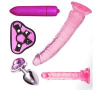 5 Piece Sex Toy Set Strap On Dildo Harness Kit with 2 Realistic Dildos for Pegging 8" 5" Inch Dildos with Suction Cup Bases Includes 2 O-Rings Jewel Heart Butt Plug 120MM Multi-Speed Vibrator Pink
