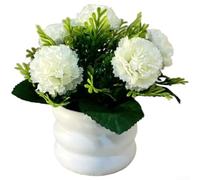5 Piece Silk Carnation Donut Potted Plant Artificial Flowers For Home Desk Decor Realistic Silk Flower Arrangement With Pot No Maintenance Small Tabletop Decoration Gifts(White)