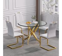 5 Piece Small Dining Table Set for 10.2-91.4 cm Round Glass Table with 4 White Leather Chairs - Modern Kitchen Dining Furniture for Small Spaces - Stylish Dining Room Decor