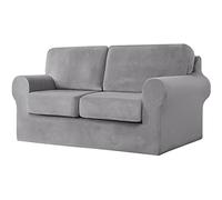 5-Piece Stretch Velvet Sofa Cover, 2 Seater Couch Slipcover Loveseat with Two Separate Backrests and Cushion Cover with Elastic Band (Light Grey)