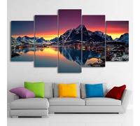 5 Piece Stretched and Framed Reine, Norway Mirror Lake Twilight Pictures Paintings on Canvas Wall Art for Living Room Bedroom Home Decorations