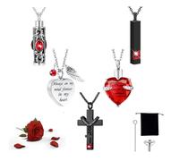 5 Piece Urn Necklace for Ashes, Red Cremation Jewelry for Ashes, Crystal Heart Cross Cubic Ashes Necklace with Angel Wing, Ashe Keepsake for Men and Women with Small Spoon, Funnel, Velvet Bag