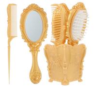 5 Piece Vintage Mirror Hair Comb Set with Storage Holder | Golden Finish, Plastic Build, Works on Wet and Dry Hair, for Office and Bedroom Use