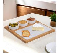 Premier Housewares 5 Pieces White Marble/Ceramic Serving Board Bamboo Wood Serving Tray With Marble Insert Three Ceramic Bowls Minimalistic Paddle Board 28 x 4 x 28