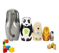 5 Piece Wooden Dolls Animal Theme Handmade Russian Stacking | Handmade Wooden Set Includes Elephant, Panda, Grizzly, Tiger And Penguin Dolls That Open In Succession