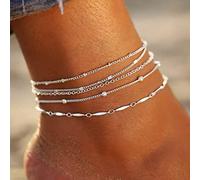 5 Pieces Anklets Beaded Chain Anklet Boho Multi-layered Anklet Bracelets Beach Foot Chain Jewelry for Women and Girls (Silver)