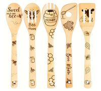 5 Pieces Bamboo Bee Spoons Cooking Utensils, Honeycomb Engraved Kitchen Tool Accessories Set, Honey Spatula Christmas Birthday Wedding Favor Gift