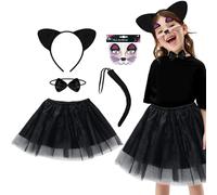 5 Pieces Black Cat Costume Kids Girls, Cat Costume Set Toddlers Tutu Skirt with Cat Ears Headband Tail Face Sticker Bow Tie Fancy Dress Up Outfits Girls for World Book Day Halloween Christmas Cosplay