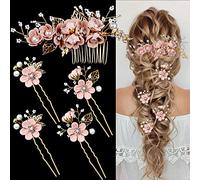 5 Pieces Bridal Flower Wedding Hair Pins Crystal Pearl Hair Combs Clips Headpiece Gold Wedding Hair Accessories Jewelry with Rhinestone for Brides Bridesmaids Women Girls Updo (Cherry Blossoms Pink)