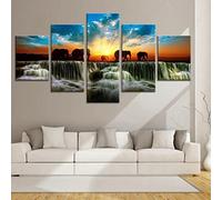 5 Pieces Canvas Wall Art Elephant Sunset Waterfall Shear Wall Decor Modern Impressionist Artwork Painting Rustic For Home Office Decor Living Room Gallery Xxl/Frameless 200 X 100 Cm For Living Room