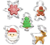 5 Pieces Christmas Cookie Cutter Set - Gingerbread Man, Christmas Tree, Snowflake, Santa Head and Reindeer - Stainless Steel Xmas Cookie Cutters Shape for Baking