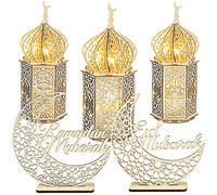 5 Pieces EID Decorations Ramadan Kareem Tabletop Ornaments LED Ramadan Lanterns 3D Handmade Wooden Moon Star Ramadan Eid Mubarak Ornaments for Home Party Supplies, 5 Patterns