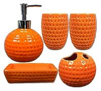 5-Pieces European Embossed Ceramic Bathroom Decor Accessory Set Includes Soap Lotion Dispenser, Soap Dish, Cup And Toothbrush Holder For Home Hotel, (Color : Orange)