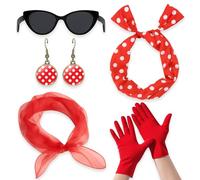 5 Pieces Grease Fancy Dress for Women Ladies, 1950s Outfit Set for Retro Parties, Halloween Costumes, Vintage Fashion Styling, Fancy Dress Kit, 50s Themed Clothing Accessories