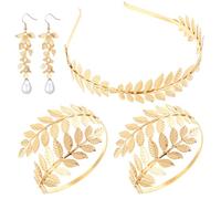 5 Pieces Greek Goddess Costume Accessories Golden Greek Leaf Crown Headband 2 Pcs Coil Upper Armband Bracelet 2 Pcs Dangle Earrings for Women Bridal Wedding Halloween Party Toga Costume Accessories