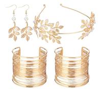 5 Pieces Greek Goddess Costume Accessories Golden Greek Leaf Crown Headband 2 Pcs Coil Upper Bracelets 2 Pcs Dangle Peal Earrings for Women Bridal Wedding Halloween Party Toga Costume Accessories
