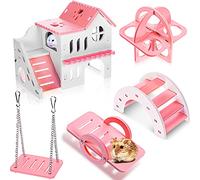 5 Pieces Hamster Toys Include Wooden Hamster House Rainbow Bridge Hamster Seesaw Toy Hamster Swing Hamster Exercise Circle Toy Suitable for Small Hamsters (6.3 x 3.93 x 5.5 Inch, Pink)