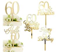5 Pieces Happy 60th Birthday Anniversary Gold Mirror Acrylic Cake Toppers