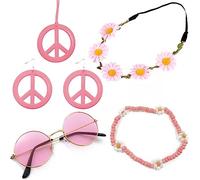 5 Pieces Hippie Costume Accessory Set 60S 70S fancy dress Hippie Party Supplies Disco Accessories for Women Include Sunglasses Flower Headband Peace Sign Necklace Earrings Bracelets (Pink)