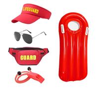5 Pieces Lifeguard Costume Baywatch Fancy Dress Men Women Lifeguard Beach Accessories Fanny Pack Guard Hat Whistle Sunglasses Inflatable Floatboard for Adults Halloween Cosplay Bachelor Party (Men)