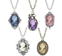 5 Pieces Lot Lady Queen Cameo Necklace Set For Women Color Design Assorted Victoria Pendant Blue White Purple Pink Brown Cameo Bead Vintage Look Fashion Jewelry