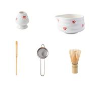 5 Pieces of White Decal Ceramic Matcha Set, Set Includes Bowl, Mixer and Holder, Bamboo Spoon, Sieve