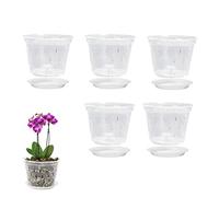 5 Pieces Orchid Pots, 5 inch Clear Orchid Planting Pots with Holes and Saucers, Plastics Breathable Slotted Orchid Planter, Outdoor Indoor Modern Bonsai Planter for Flower, Orchid, Snake Plant, Violet