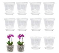 5 Pieces Orchid Pots, 5 inch Clear Orchid Planting Pots with Holes and Saucers, Plastics Breathable Slotted Orchid Planter, Outdoor Indoor Modern Bonsai Planter for Flower, Orchid, Snake Plant, Violet