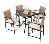 5 Pieces Outdoor Bar Stool Set Patio Rattan Bistro Set W/ 4 Chairs &1 Bar Table