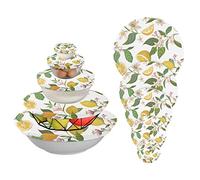 5 Pieces Reusable Bowl Covers, Flowers Lemon Tree 5 Size Stretch Cloth Fabric Food Storage Covers for Food Fruits Leftover, Dish Covers Elastic Lids for Kitchen Fridge Picnic