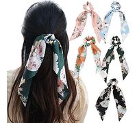 5 Pieces Satin Hair Bobbles with Bow Floral Hair Band Elastic Hair Bands Hair Scarf Hair Ties Ponytail Holder Hair Accessories for Women and Girls Multicolor