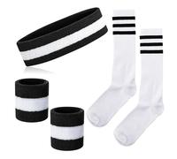 5 Pieces Sweatband Striped Sock Set Sports Headband Wristbands High Tube Socks 80s Accessories for Men Women 80s Costumes Theme Party Striped Sock Set