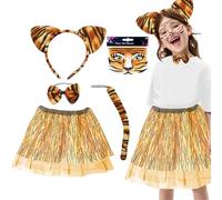 5 Pieces Tiger Costume Kids Girls, Animal Costume Set Toddlers Tutu Skirt with Tiger Ears Headband Tail Face Sticker Bow Tie Fancy Dress Up Outfits Girls for World Book Day Halloween Christmas Cosplay