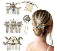 5 pieces Vintage gold Hair Side Combs for Women Decorative,The moon, the crescent, the stars Metal Hair Comb Tooth Clip with Teeth Grip Crystal Bridal Hair Piece Pins for Wedding Accessories