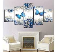 5 Pieces Wall Canvas White Flowers And Blue Butterflies (Xxl/With Frame 200 X 100 Cm) Paintings Hd Print Decor Modern Room Living Room Bedroom Hotel Kids Room Gallery -6Z3J/T0F