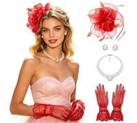 5 Pieces Women Fascinators Wedding Hats Feather Mesh Hair Accessories 1920s Accessories Set Flowers Flapper Headband Necklace Earrings Long Lace Gloves for Wedding Bridal Shower Birthday Tea Party