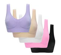 5 Pieces Women's Sports Bra Ladies Bras V Neck Push up Bras Seamless Crop Tops Vest Wide Back Bra Full Coverage Non Wired Sleep Bra Comfy Cami Bras Backless Bras with Removable Pads Yoga Lounge Bras
