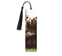 5 Pieces Wood Bookmark for Men Women Personalized Wooden Carving Book Mark with Tassel Pendant Hi Bear Sit on The Lawn Bookmark for Book Lovers Birthday Present Students Teachers Gift
