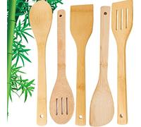 5 Pieces Wooden Kitchen Utensils Set Wood Cooking Utensils Tool Spatula Spoon Turner Slotted Turner for Non-Stick and Frying Pans Kitchen Gift Cooking Essentials Dishwasher Safe Long Handle 30CM