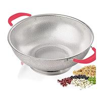 5-Quart Colander 18/8 Stainless Steel Colander Silicone Handle Large Heavy Duty Professional Kitchen Strainer Great For Pasta, Berry, Veggies, Noodles, Fruits - Pink