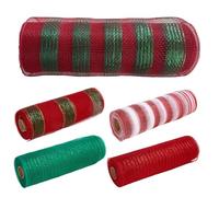 5 Rolls Deco Mesh 10 Inch Rolls 10 Yard Red White Green Stripe Mesh Ribbon for Wreaths Christmas Tree Winter Holiday Party Decor