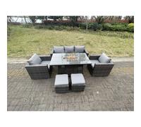(5 seater+2*small footstools) Fimou PE Rattan Garden Furniture Gas Fire Pit Dining Table Lounge Sofa