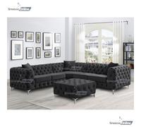 (5 Seater Corner, Black) SnoozeOnline Monaco Velvet Corner Sofa 4,5 & 6 Seater Chesterfield Sofas Set