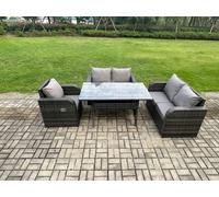 Fimous 5 Seater Lounge Rattan Sofa Set Outdoor Garden Furniture Oblong Rectangular Dining Table With Chairs Dark Grey Mixed