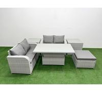 Fimous 5-Seater Light Grey Outdoor Rattan Sofa Set | Adjustable Dining/Coffee Table, Large Footstool, 2 Side Tables