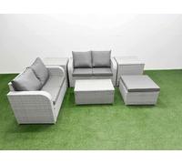 Fimous 5 Seater Outdoor Love Sofa Set Rattan Garden Furniture Set with Rectangular Coffee Table Big Footstool 2 Side Tables Light Grey