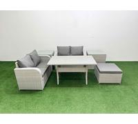Fimous 5 Seater Outdoor Love Sofa Set Rattan Garden Furniture Set with Rectangular Dining Table Big Footstool 2 Side Tables Light Grey