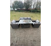 5 Seater Outdoor PE Rattan Garden Furniture Gas Fire Pit Dining Table Lounge Sofa 2 PC Armchairs Fimous Dark Grey One Size