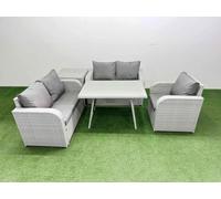 Fimous 5 Seater Outdoor Rattan Garden Furniture Set Love Sofa Reclining Chair Set with Rectangular Dining Table Side Table Light Grey