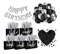5 Senses Gift Bags Five Senses Birthday Party Decorations with Tissue Paper, Rose Petals and Happy Birthday Banner Balloons Five Senses Gift for Him Husband Boyfriend (Black Silver)